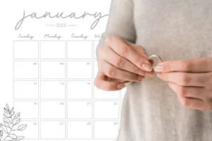 divorce rates spike in january concept of holding wedding ring in foreground with january calendar in background