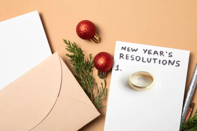 file for divorce as a new years resolution concept of ring on resolutions notepad