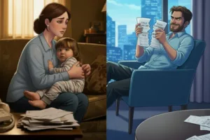 split screen image of a deadbeat dad ripping up child support payment notice while mother holds child looking sad next to a pile of unpaid bills
