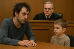 disheveled father unfit to have child custody appears in family court with concerned judge and sad son