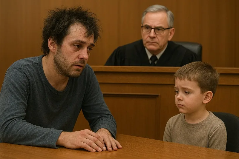 disheveled father unfit to have child custody appears in family court with concerned judge and sad son